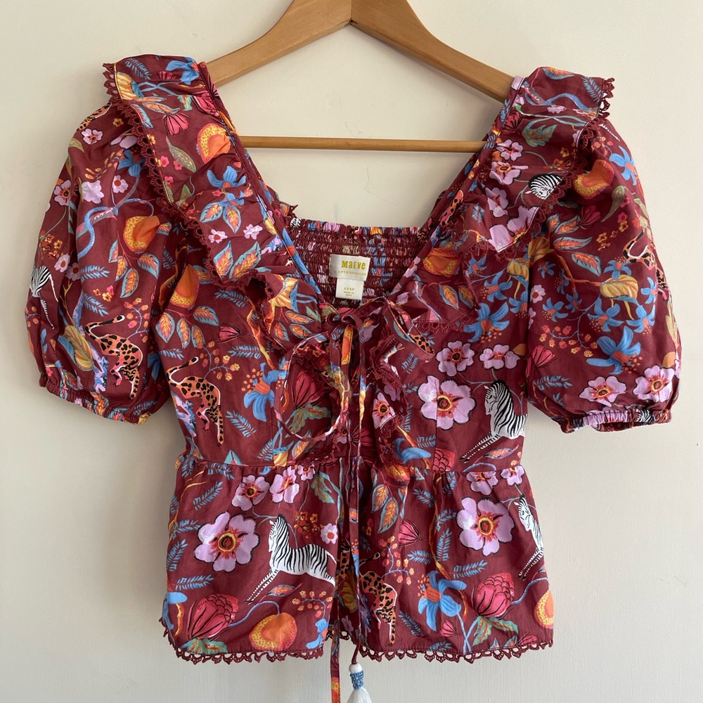 Maeve ruffled floral print tiger tie front short sleeve crop top Size XXS